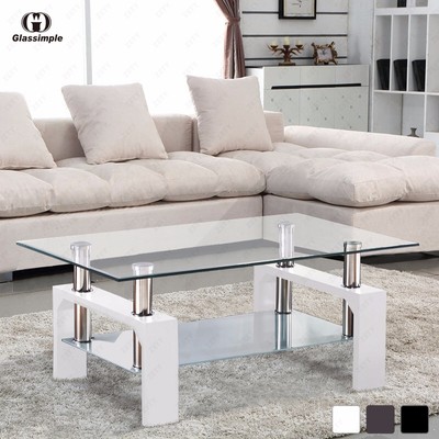 Designer Glass Rectangular Coffee Table Shelf Chrome Wood Living Room Furniture