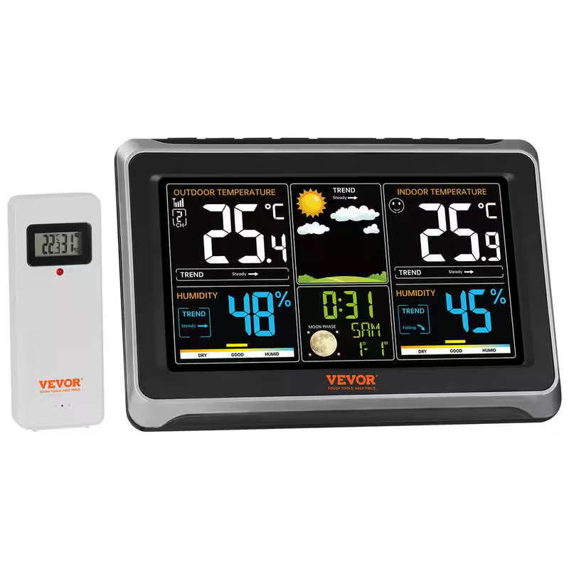 Wireless Digital Weather Station Atomic Clock Indoor Outdoor Sensor 7.5 in LCD