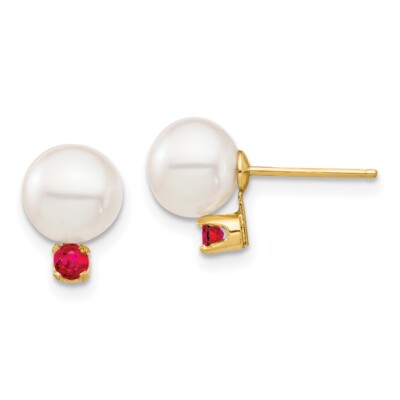 Pre-owned Diamond2deal 14k Yellow Gold 7-7.5mm White Round Freshwater Cultured Pearl Ruby Stud Earrings