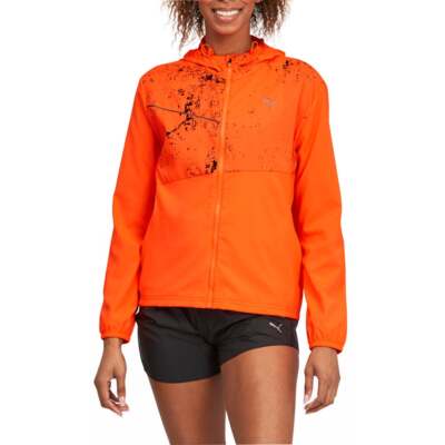 

Puma Graphic Hooded Full Zip Running Jacket Womens Orange Casual Athletic Outerw, Оранжевый, Puma Graphic Hooded Full Zip Running Jacket