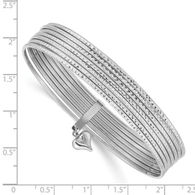 Pre-owned Skyjewelers Real 14kt White Gold Oversized W/ Dangle Heart Textured Set Of 7 Slip-on Bangles