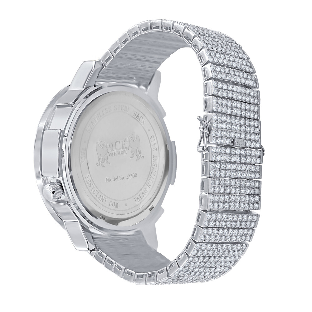 Pre-owned Ice Master Men's White Gold Tone Prong Set Real Diamond Dial 2 Time Zone Chronograph Watch