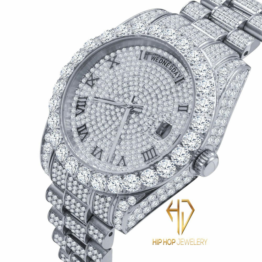 Pre-owned Bling Master Roman Dial Solitaire Stainless Steel 18k White Gold Day & Date 40 Mm Men's Watch