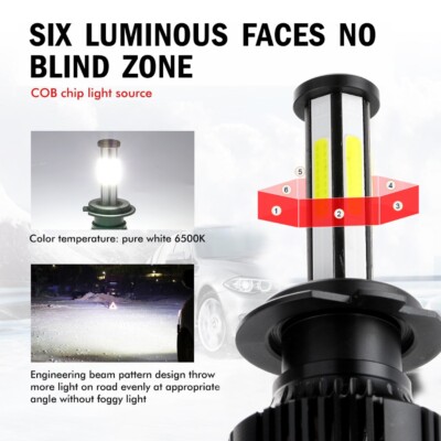 6-side H7 LED Headlight Bulb Conversion Kit High Low Beam Lamp 6000K Super White
