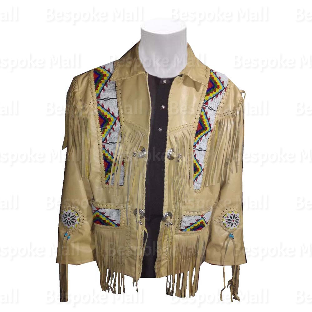Pre-owned Handmade Men Cream Western Native American Cowboy Leather Jacket Fringes Beads-107 In White