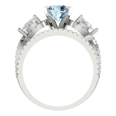 Pre-owned Pucci 2 Round Pear 3 Stone Real Aquamarine Wedding Statement Ring Set 14k White Gold