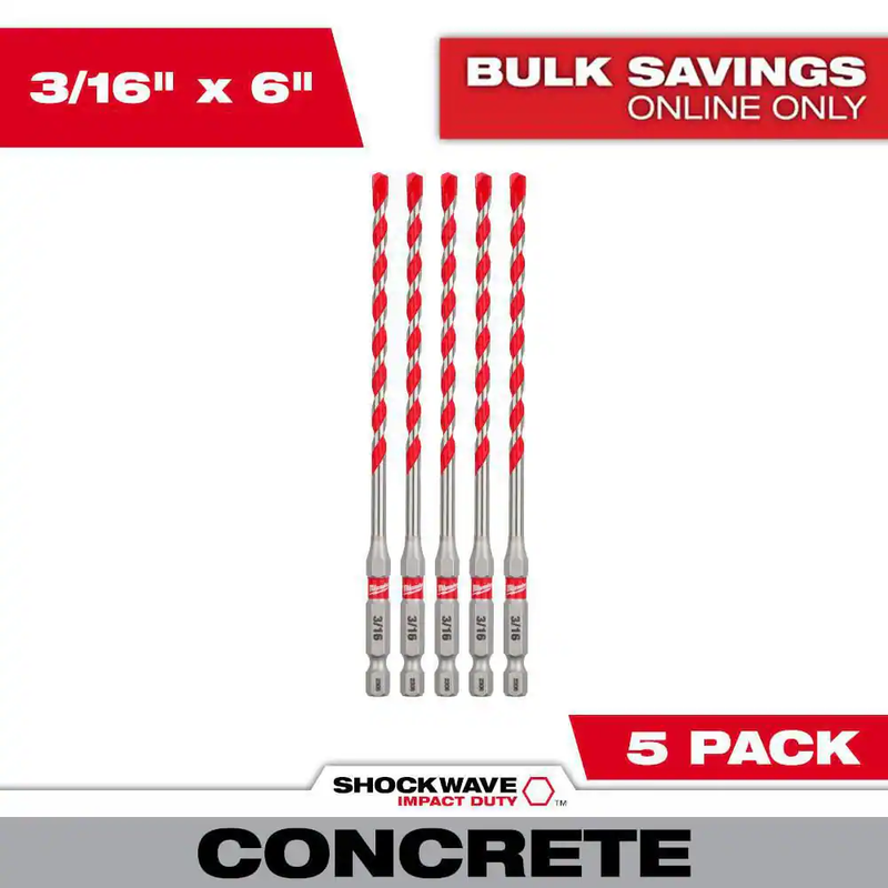Milwaukee Hammer Drill Bits 3/16 Inch Carbide Masonry Concrete Hex Shank 5 Pack