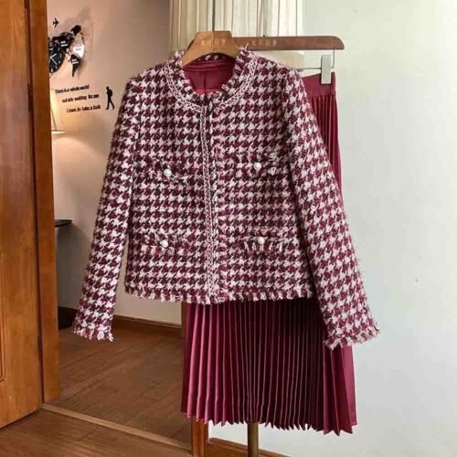 Pre-owned Handmade Custom Made To Order Tweed Houndstooth Jacket/pleated Skirt Set Plus 1x-10x L826 In Red