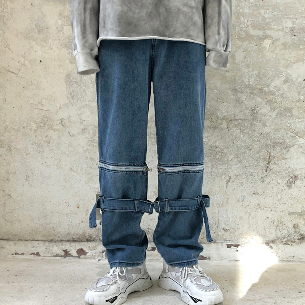 Men Zip Off Denim Pants Belted Design Jeans Trousers Bottoms