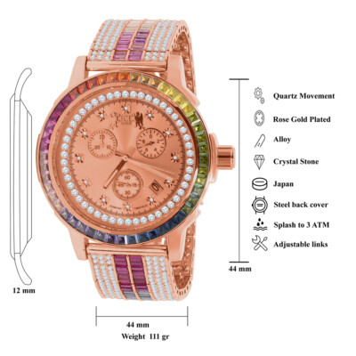 Pre-owned Ice House 18k Rose Gold Tone Solid Steel Bezel Real Diamond Dial Rainbow Multi Tone Watch