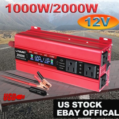 1000w/2000w Power Inverter Dc 12v To Ac 110v  Car Converter Camping Lcd Display