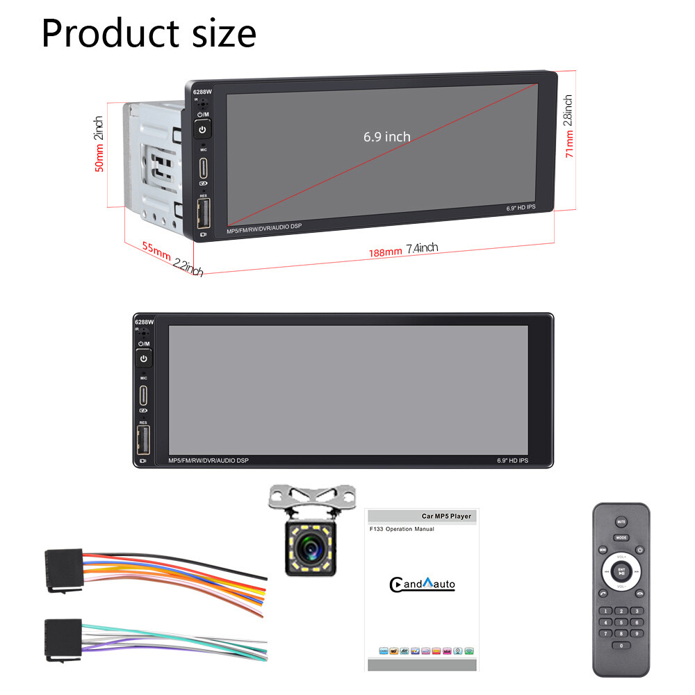 1Din 6.9" Touch Screen Car Radio Carplay Android auto Bluetooth Al Voice RDS+CAM