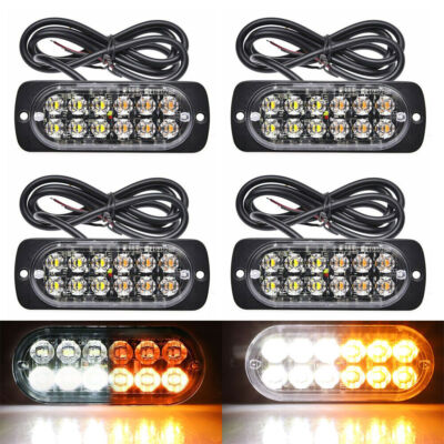4x Amber/White 12 LED Strobe Light Bar Car Truck Flashing Warning Hazard Beacon