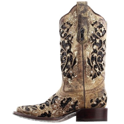 Pre-owned Corral Boots Sequined Tooledinlay Square Toe Cowboy Womens Brown Dress Boots A3