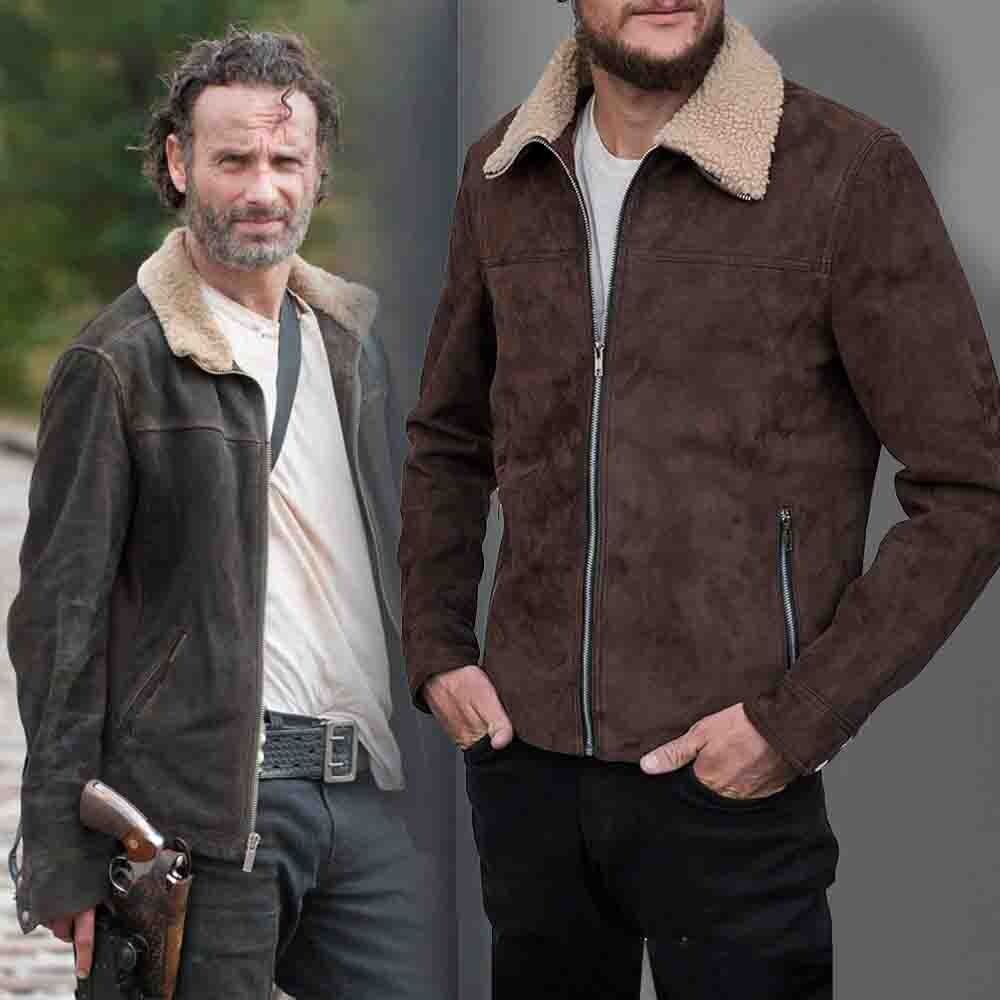 Pre-owned Handmade The Walking Dead Rick Grimes Cosplay Suede Leather Jacket Brown Color