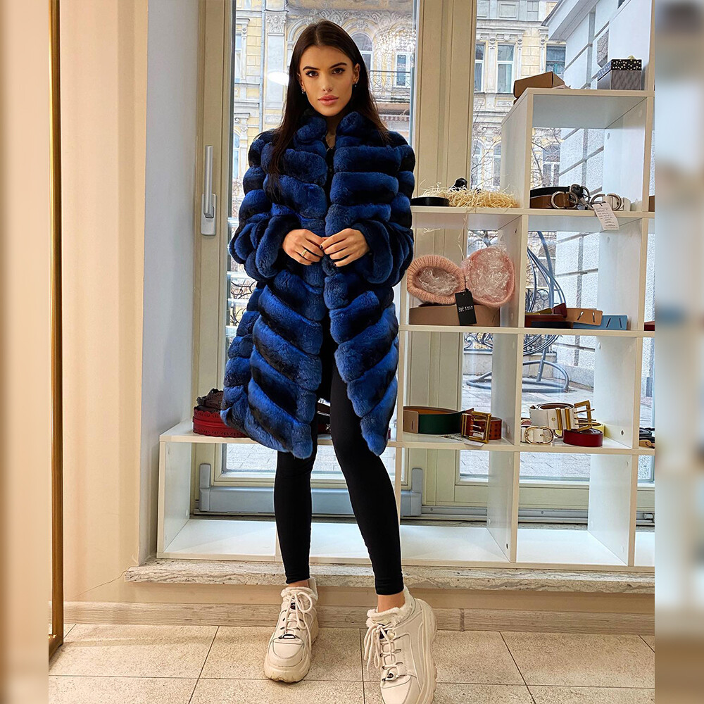Trendy Mid-Length Blue Chinchilla Real Rex Rabbit Fur Coats Women