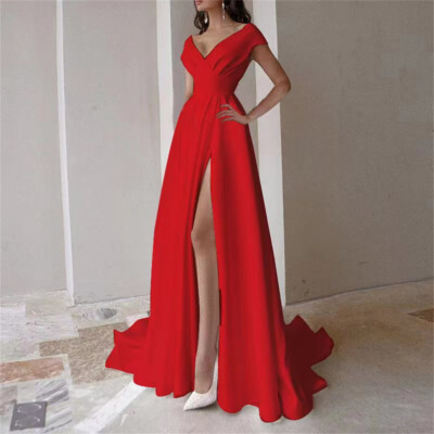 Damen Abendkleid V-Ausschnitt Cocktail Party Club Rücken Aushöhlen Lange Kleider