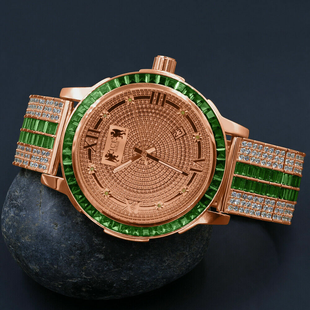 Pre-owned Ice House Rose Gold Real Diamond Dial Stainless Steel Custom Bezel Green Adjustable Watch