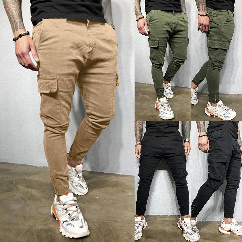 Skinny Biker Pocket Combat Trousers Slim Fit Bottoms Joggers Us