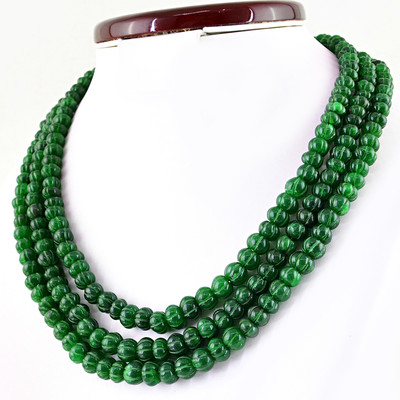 Green Emerald 699.00 Cts Earth Mined 3 Strand Round Shape Carved Beads Necklace