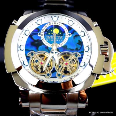 Pre-owned Invicta Man Of War Double Open Heart Automatic Moon Blue Abalone Watch