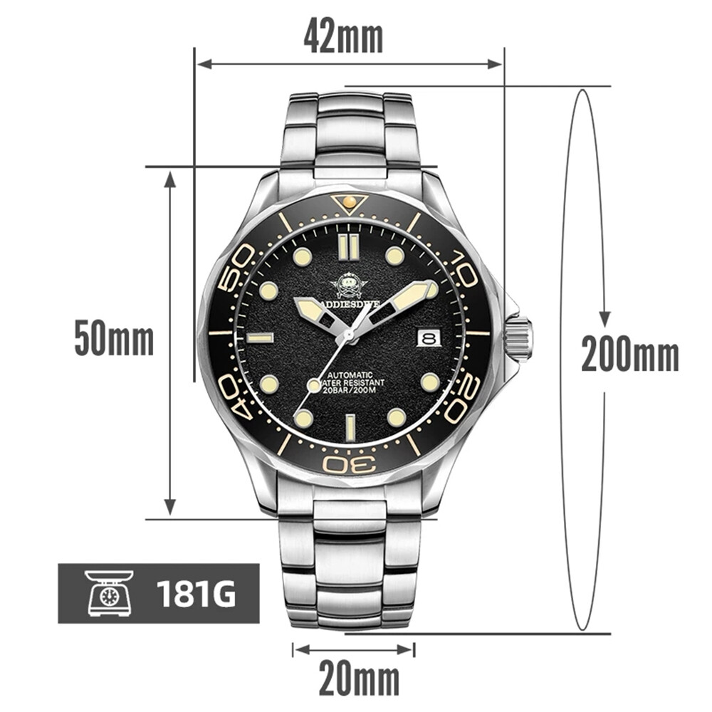 Pre-owned Addies Men's Automatic Mechanical Watch 200m Waterproof Sapphire Glass Janpan Movement