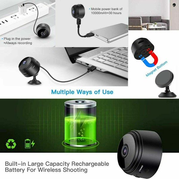 Versatile mini camera with accessories and rechargeable battery.