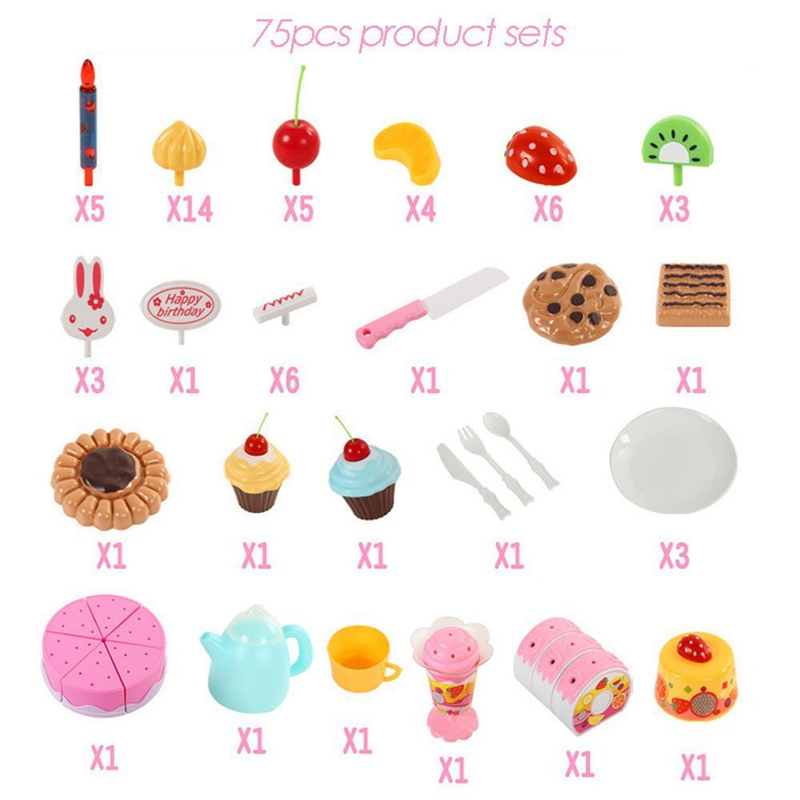 Birthday Cake Toy Play Food Set 75 Pieces Plastic Kitchen Cutting Toy