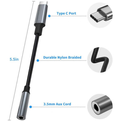 USB-C Type C to 3.5mm 1/8" Aux Audio Jack Active DAC Headphone Adapter Cable