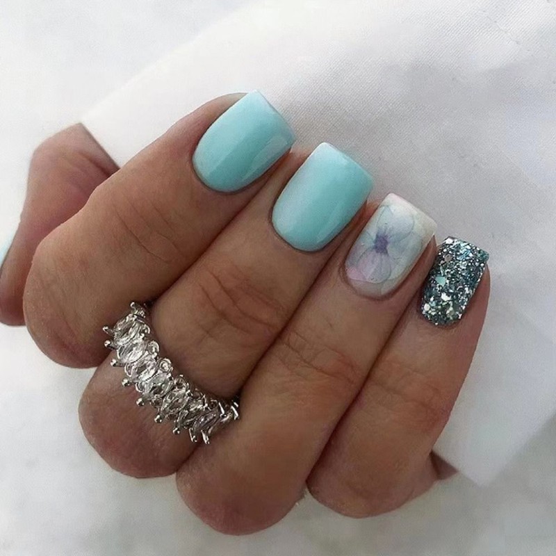 Wearable Full Cover Press on Nails French Square Head Medium Length Fake Nails