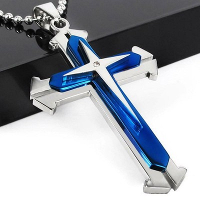 Crystal Cross Pendant Silver Gold Black Stainless Steel Zirconia Jesus