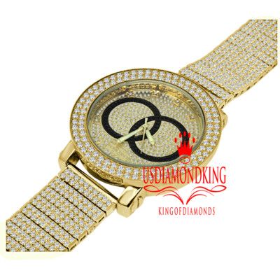 Pre-owned Khronos Gold Tone  Olympic Dial Watch Mens Lab Diamond 10 Row Custom Band & Bezel