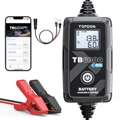 Newest! TOPDON TB6000Pro 6Amp 2-in-1 Car Battery Charger & Battery Tester 6V/12V