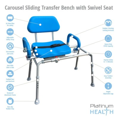 CAROUSEL Sliding Transfer Bench Swivel Seat, Padded Bath Shower Chair Pivot Arms