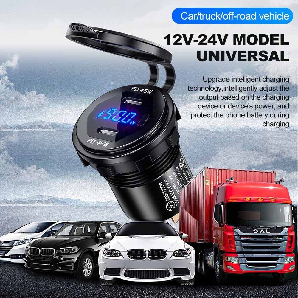 Metal 45W PD Type C Dual USB C Fast Car Charger Socket 12V/24V Car Power Outlet