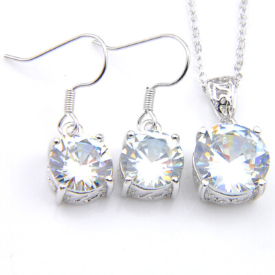 2 Pcs 1 Lot Round White Topaz Gems Silver Necklace Pendant Earrings Jewelry Sets
