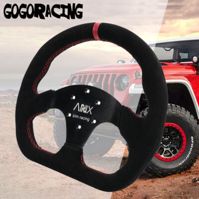 320mm Aluminum Black Suede Red Stitch Flat Bottom D-Shape Steering Wheel Black