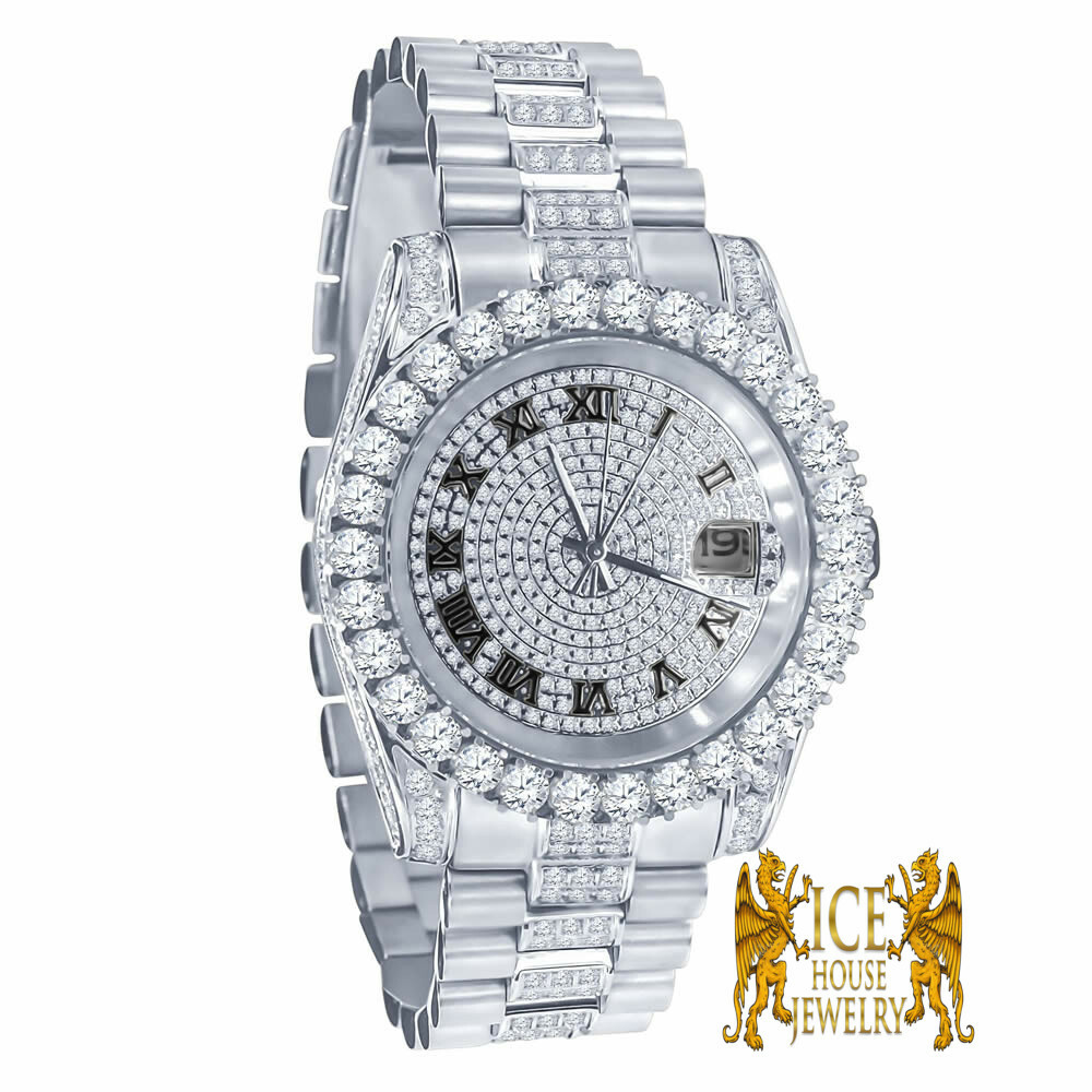 Pre-owned Bling Master 18k White Gold Solid Stainless Steel Simulated Diamonds Presidential Watch 41mm