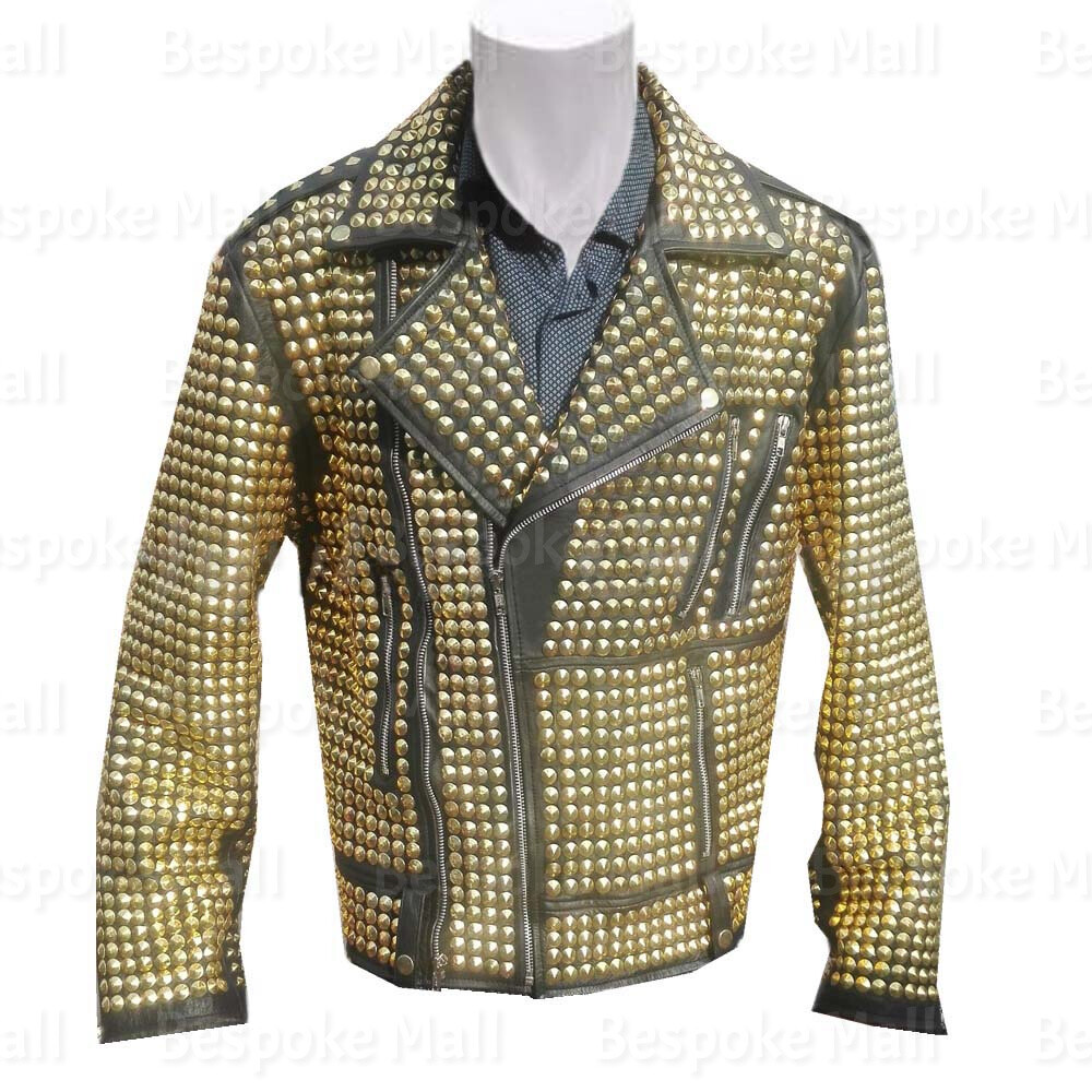 Pre-owned Handmade Mens Black Full Golden Studded Brando Biker Style Cowhide Leather Jacket-123