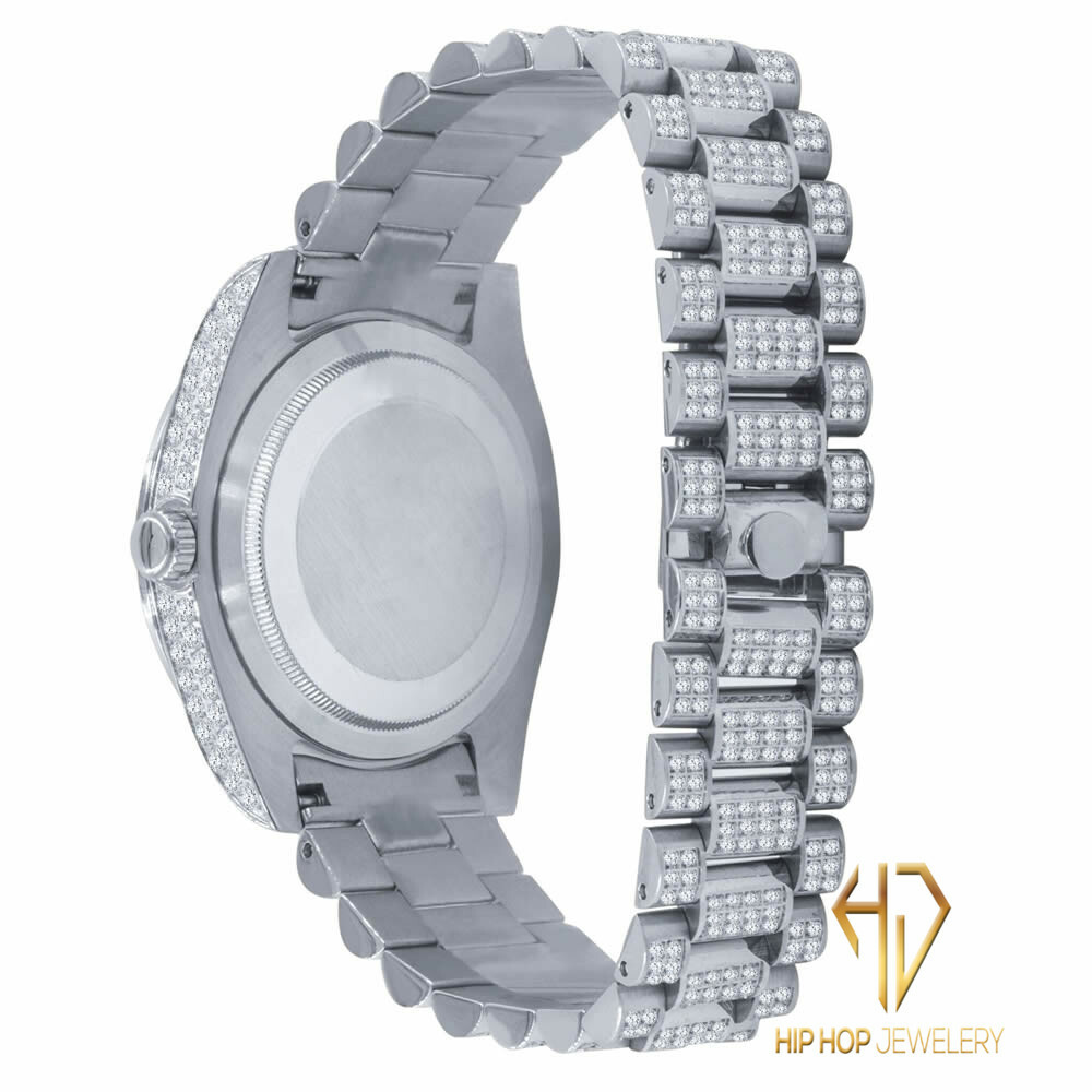 Pre-owned Bling Master Roman Dial Solitaire Stainless Steel 18k White Gold Day & Date 40 Mm Men's Watch