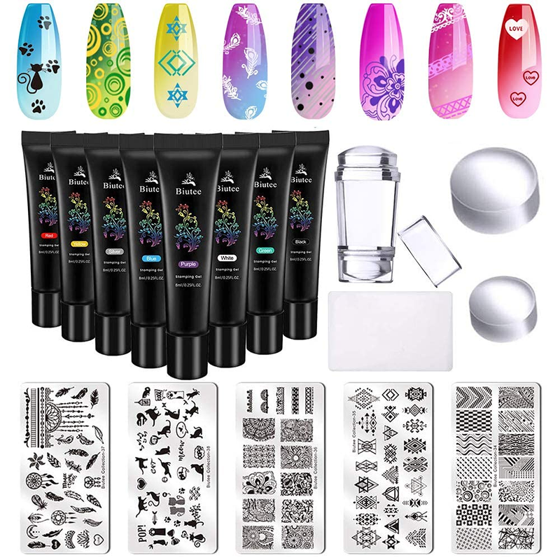 Biutee Nail Stamping Plates 5PCS Nail Stamping Polish Gel 8PCS Nail Stamper Set