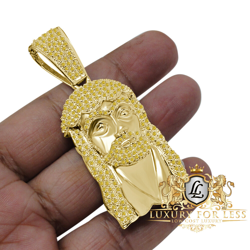 Pre-owned Jewelrypot Canary Gold Genuine Sterling Silver Jesus Face Cz Pendent Charm Big 2.80''