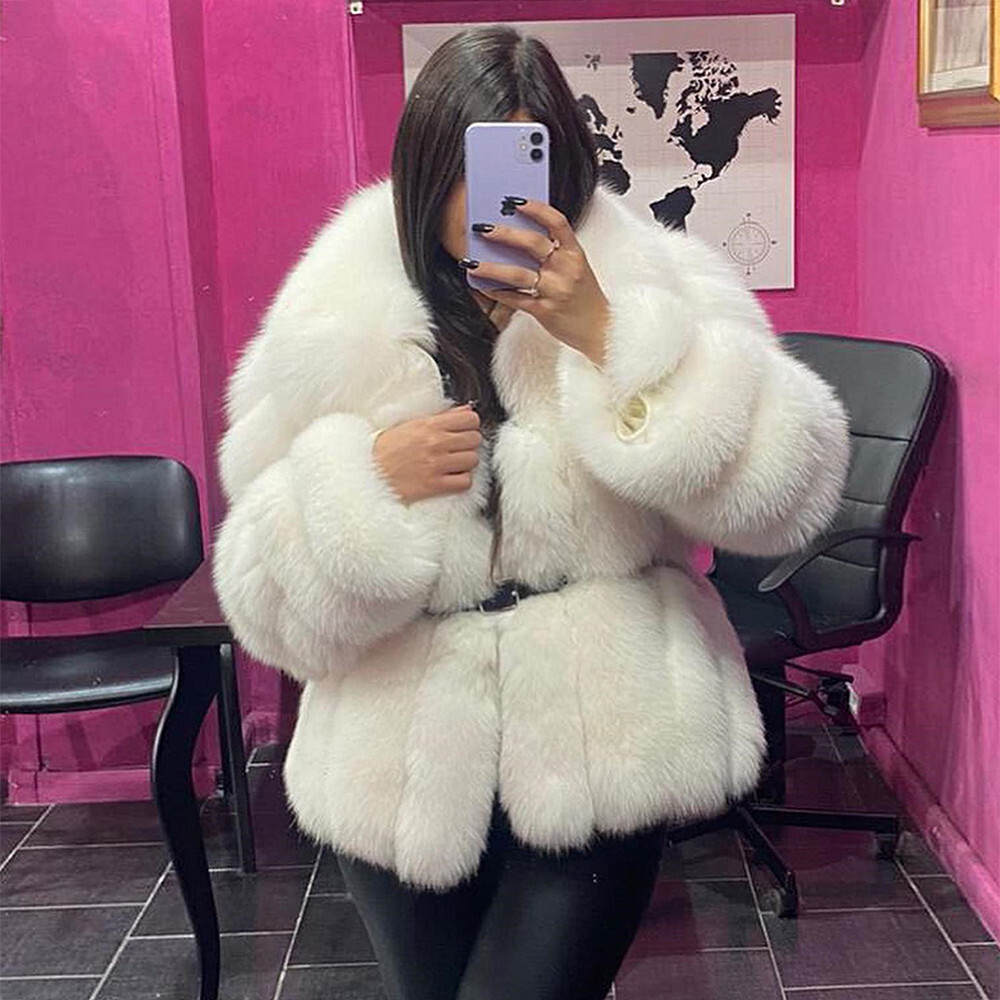 New Winter White Real Fox Fur Coat Short Thick Lapel Jackets Women