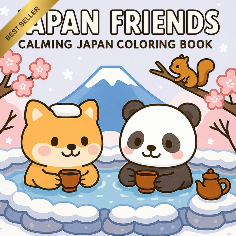 Japan Friends Calming Coloring Book for Adults & Teens w/ Cute Animals & Easy De