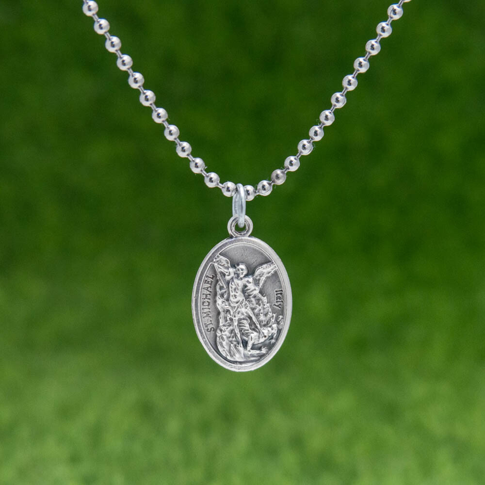 Patron Saint St Michael Pray For Us 1" Medal Pendant Necklace 24" Chain Italy