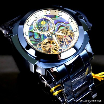 Pre-owned Invicta Man Of War Double Open Heart Automatic Moon Phase Abalone Blue Watch