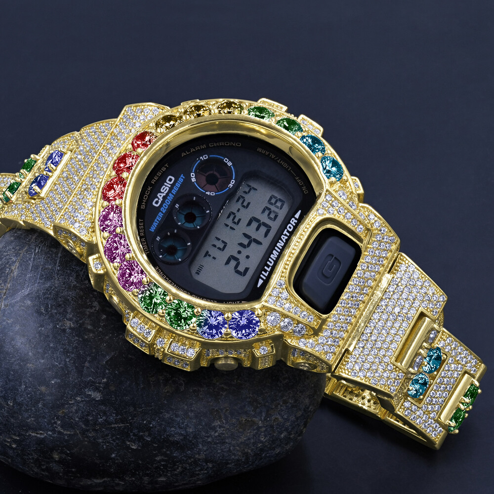 Pre-owned G-shock Authentic Custom  Dw 6900 Casio Rainbow Solitaire Gold Multi Tone Watch