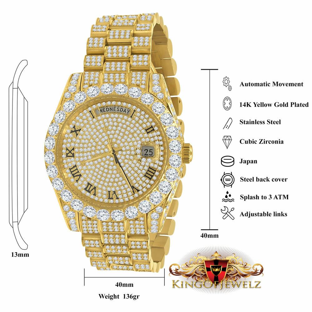 Pre-owned Crown 18k Yellow Gold Finish Solid Stainless Steel Day Date Roman Dial Solitaire Bezel