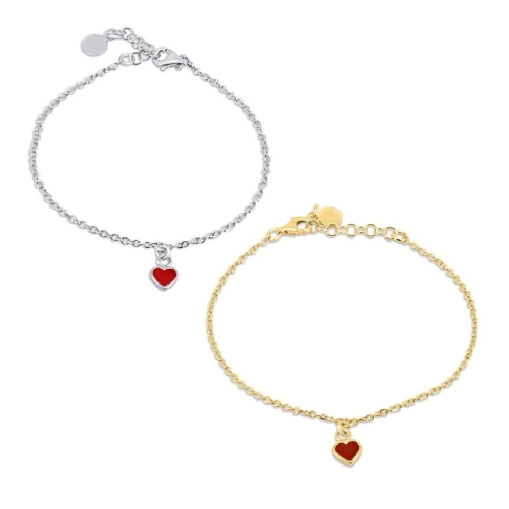 アクセサリー ROLO heart Charm Bracelet Sterling Silver Rolo Chain Bracelet w/ Red Enamel Heart