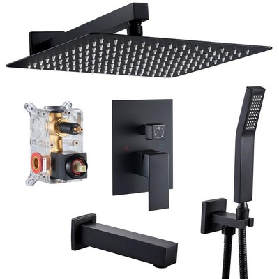 cobbe Shower Faucet 12'' Square Large Single Handle 1-Spray Wall Mount Black